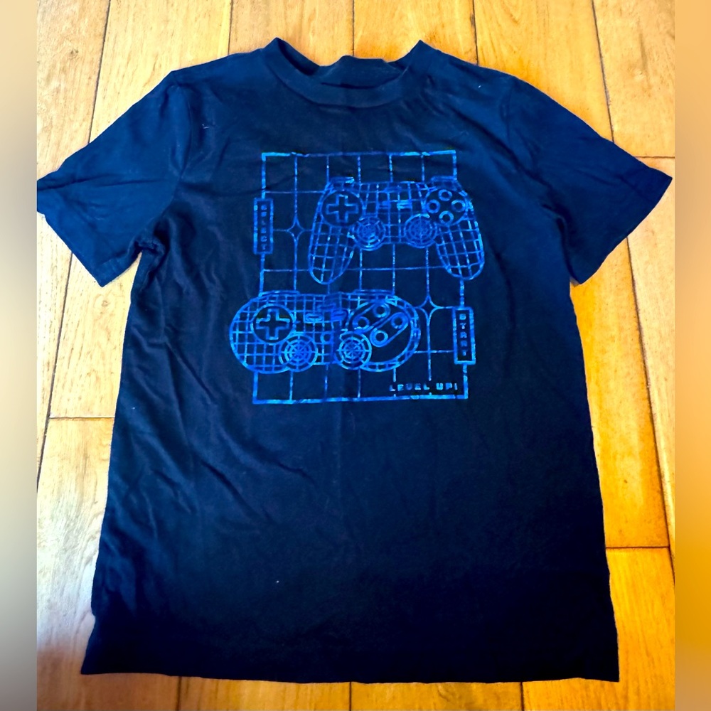 Youth Level Up Black T-Shirt with Blue Game Controller Design - Size 10/12